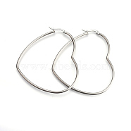 201 Stainless Steel Hoop Earrings, Hypoallergenic Earrings, Heart, Stainless Steel Color, 12 Gauge, 64x55x2mm, Pin: 1mm(X-EJEW-A052-11B)