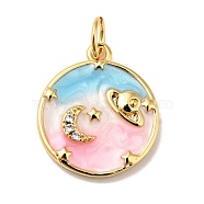 Rack Plating Brass Micro Pave Cubic Zirconia Pendants, with Enamel and Jump Ring, Cadmium Free & Nickel Free & Lead Free, Real 18K Gold Plated, Flat Round with Moon & Planet, Pink, 16.5x14x2.5mm, Hole: 3.4mm(KK-H431-09G-B)