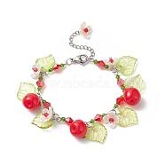 Teacher's Day Theme Resin Apple Charm Bracelets with Acrylic Leaf & Plastic Flower, 304 Stainless Steel & Glass Bead Link Chain Bracelet with Lobster Claw Clasp & Chain Extenders for Women, Mixed Color, 7-5/8 inch(19.3cm)(BJEW-JB09209)