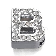 Alloy Letter Slide Charms, with Crystal Rhinestone, Cadmium Free & Lead Free, Platinum, Letter.B, 20x15.5x6mm, Hole: 2.5x18mm(RB-F034-01B-P-RS)