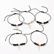 Adjustable Braided Bead Bracelets, with Natural Gemstone Beads, Nylon Thread, Golden Plated 304 Stainless Steel Pendants and Brass Beads, Cross, 5/8 inch~3 inch(1.5~7.5cm)(BJEW-JB04899)