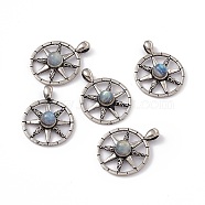 Natural Labradorite Pendants, Flat Round Charms with Sun, with Antique Silver Color Brass Findings, 28x21x7~7.5mm, Hole: 5x2mm(KK-A173-09AS)