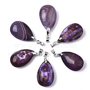 Natural Banded Agate Pendants, with Stainless Steel Pinch Bails, Dyed, Teardrop, Stainless Steel Color, 24x15x9~10mm, Hole: 5x4mm(G-N0326-023C)