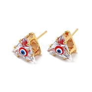 Glass Triangle with Enamel Evil Eye Stud Earrings, Real 18K Gold Plated Brass Jewelry for Women, Red, 10.5x11mm, Pin: 0.8mm(EJEW-P210-01G-04)