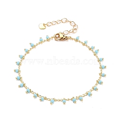 Glass Charm Bracelets, with Brass Curb Chains, 304 Stainless Steel Heart Charms & Lobster Claw Clasps, Real 18K Gold Plated, Sky Blue, 7-1/2 inch(19cm)(X-BJEW-JB05600-01)
