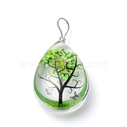 Transparent Glass Pendants, with Dride Flower inside and Zinc Alloy Finding, Teardrop, Platinum, Lime Green, 35.5x18x9mm, Hole: 3.5x4.5mm(GLAA-SZC0001-01E)