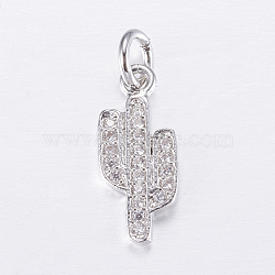 Brass Micro Pave Cubic Zirconia Charms, Cactus, Platinum, 15x6.5x1mm, Hole: 3mm(ZIRC-E135-34P)