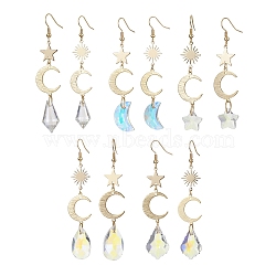 Moon & Star & Sun Brass Asymmetrical Earrings, Glass Long Dangle Earrings, Mixed Shapes, 70~81x16.5mm(EJEW-JE05458)
