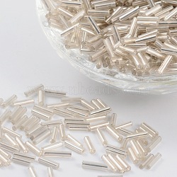 Glass Bugle Beads, Silver Lined, Floral White, 6~8x1.8mm, Hole: 0.6mm, 1250pcs/50g(X-TSDB6MM21)