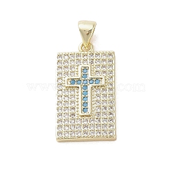 Real 18K Gold Plated Brass Micro Pave Cubic Zirconia Pendants, Rectangle with Cross, Light Sky Blue, 24x13x2.5mm, Hole: 3.5x4.7mm(KK-A209-10B-G)