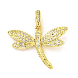 Dragonfly Rack Plating Brass Micro Pave Clear Cubic Zirconia Pendants, Cadmium Free & Lead Free, Real 18K Gold Plated, 19x25.5x3mm, Hole: 5.8x2.2mm(KK-Z053-12G)