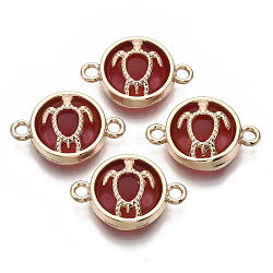 Glass Links connectors, with Light Gold Plated Alloy Findings, Flat Round with Tortoise, Dark Red, 13.5x19.5x5.5mm, Hole: 1.6mm(GLAA-T015-24E)