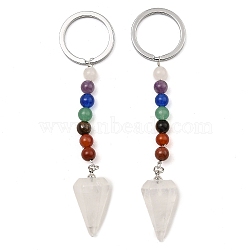 Natural Quartz Crystal Cone Pendant Keychain, with 7 Chakra Gemstone Beads and Platinum Tone Brass Findings, 108mm(G-Z033-08P-01)