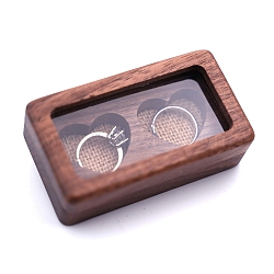 Rectangle Wood Wedding Couple Ring Storage Boxes with Visible Magnetic Cover, Linen 2 Heart Shaped Slots Wooden Ring Case for Valentine's Day, Saddle Brown, 9.2x5.7x1.8cm(PW-WG62632-01)
