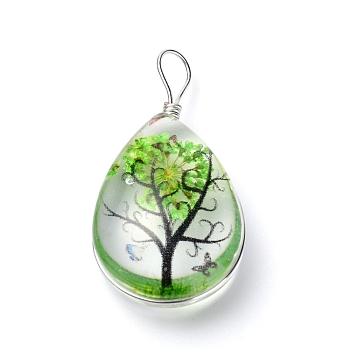 Transparent Glass Pendants, with Dride Flower inside and Zinc Alloy Finding, Teardrop, Platinum, Lime Green, 35.5x18x9mm, Hole: 3.5x4.5mm