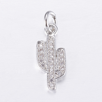 Brass Micro Pave Cubic Zirconia Charms, Cactus, Platinum, 15x6.5x1mm, Hole: 3mm