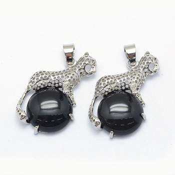 Natural Obsidian Pendants, with Alloy Findings, Leopard, Platinum, 33.5x20x7mm, Hole: 4x6mm