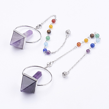 Chakra Gemstone Pyramid Dowsing Pendulums, with Amethyst, Brass Chain & Lobster Claw Clasps, 260~265mm