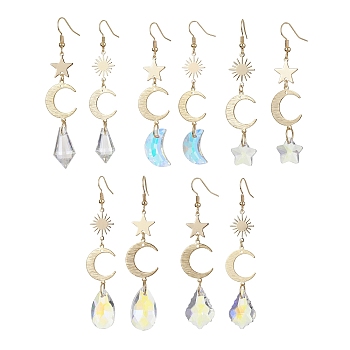 Moon & Star & Sun Brass Asymmetrical Earrings, Glass Long Dangle Earrings, Mixed Shapes, 70~81x16.5mm