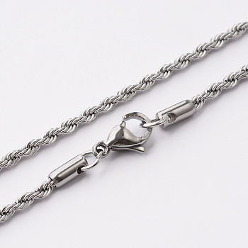 304 Stainless Steel Rope Chain Necklaces, with Lobster Claw Clasps, Stainless Steel Color, 17.7 inch(45cm)