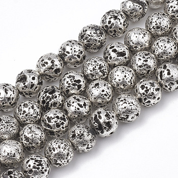 Electroplated Natural Lava Rock Beads Strands, Round, Bumpy, Dark Gray, 10~10.5mm, Hole: 1.2mm, about 37~40pcs/strand, 14.9~15.1 inch(38~38.5cm)