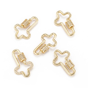 Brass Micro Pave Cubic Zirconia Screw Carabiner Lock Charms, for Necklaces Making, Cross, Clear, Golden, 25x16x2mm