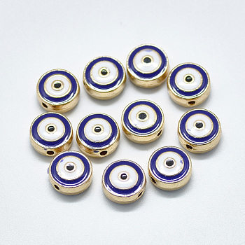 Alloy Enamel Beads, Flat Round with Eye, Light Gold, Blue, 10x5mm, Hole: 1.2mm