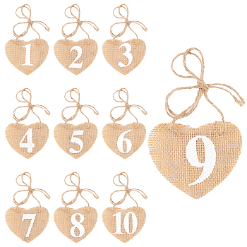 Burlap Table Numbers Cards, Hanging Number Tags, with Hemp Cord, for Wedding, Restaurant, Birthday Party Decorations, Heart with Number 1~10, BurlyWood, 640mm, Heart: 67x84x1mm, 10pcs/set