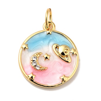 Rack Plating Brass Micro Pave Cubic Zirconia Pendants, with Enamel and Jump Ring, Cadmium Free & Nickel Free & Lead Free, Real 18K Gold Plated, Flat Round with Moon & Planet, Pink, 16.5x14x2.5mm, Hole: 3.4mm