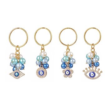 Alloy Enamel Evil Eye Rhinestone Keychain, Baking Painted Pearlized Glass Bead Keychain, with Iron Ring, Mixed Shapes, Mixed Color, 6.4~7.3cm