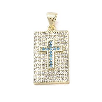 Real 18K Gold Plated Brass Micro Pave Cubic Zirconia Pendants, Rectangle with Cross, Light Sky Blue, 24x13x2.5mm, Hole: 3.5x4.7mm