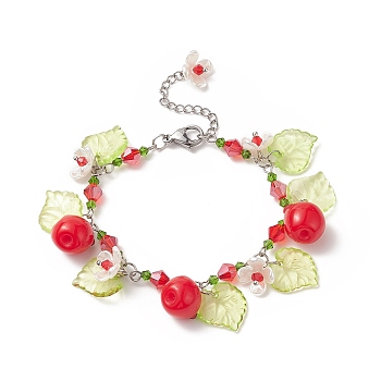 Teacher's Day Theme Resin Apple Charm Bracelets with Acrylic Leaf & Plastic Flower, 304 Stainless Steel & Glass Bead Link Chain Bracelet with Lobster Claw Clasp & Chain Extenders for Women, Mixed Color, 7-5/8 inch(19.3cm)