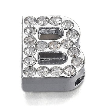 Alloy Letter Slide Charms, with Crystal Rhinestone, Cadmium Free & Lead Free, Platinum, Letter.B, 20x15.5x6mm, Hole: 2.5x18mm