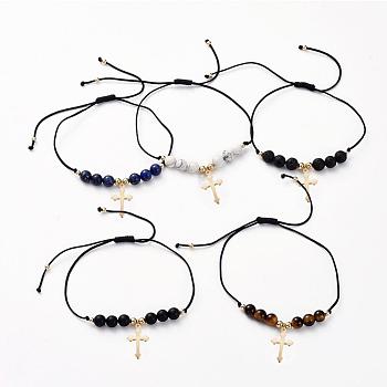 Adjustable Braided Bead Bracelets, with Natural Gemstone Beads, Nylon Thread, Golden Plated 304 Stainless Steel Pendants and Brass Beads, Cross, 5/8 inch~3 inch(1.5~7.5cm)