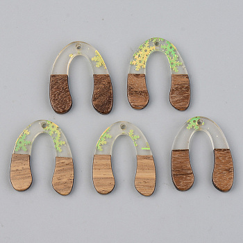 Transparent Resin & Walnut Wood Pendants, with Glitter Sequins/Paillette, U Shape with Snowflake, Green Yellow, 28x24x3mm, Hole: 2mm