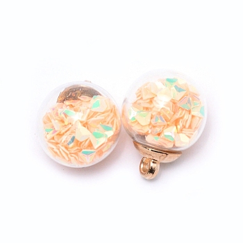 Transparent Glass Globe Pendants, with Glitter Sequins inside and CCB Pendant Bails, Round, PeachPuff, 20.5x16mm, Hole: 2.5mm