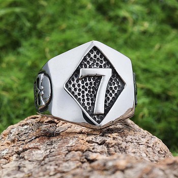 Punk Style 316L Stainless Steel Finger Rings for Men, Rhombus with Number 7, Stainless Steel Color, US Size 14 1/4(23.2mm)