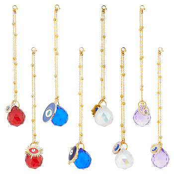 8Pcs Crystals Glass Teardrop Suncatchers Prisms Car Hanging Pendant, with Evil Eye Charms, for Car Home Pendant Decor, Hamsa Hand/Flat Round with Evil Eye, Mixed Color, 200x1.7x0.7mm