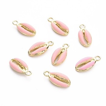 Alloy Enamel Pendants, Cowrie Shell Shape, Light Gold, Pink, 17x8.5x3.5mm, Hole: 1.8mm