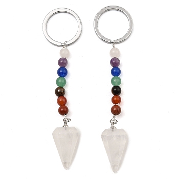 Natural Quartz Crystal Cone Pendant Keychain, with 7 Chakra Gemstone Beads and Platinum Tone Brass Findings, 108mm