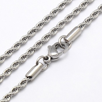 Trendy Men's 304 Stainless Steel Rope Chain Necklaces, with Lobster Clasps, Stainless Steel Color, 23.6 inch(59.9cm), 2mm