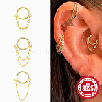 925 Sterling Silver Hoop Cartilage Earrings, with Double Chains, Golden, 8mm(FS-WG5B1DD-01)