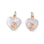 Natural Keshi Pearl Heart Charms, with Eco-Friendly Copper Wire Wrapped, White, Golden, 13~13.5x10.5~13x4~4.5mm, Jump Ring: 4.6x0.8mm, Inner Diameter: 3.5mm(PALLOY-JF04809-01)