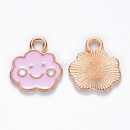 Alloy Enamel Charms, Cloud, with Smile Face, Light Gold, Pink, 13x12x1mm, Hole: 1.8mm(X-ENAM-S121-072B)