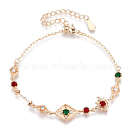 Colorful Cubic Zirconia Rhombus Link Bracelet, Brass Jewelry for Women, Cadmium Free & Nickel Free & Lead Free, Golden, 6-1/2 inch(16.5cm)(BJEW-N020-01)