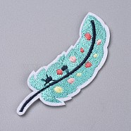 Computerized Embroidery Cloth Iron on/Sew on Patches, Costume Accessories, Appliques, for Backpacks, Clothes, Feather, Cyan, 76x28x1.5mm(DIY-G015-24)