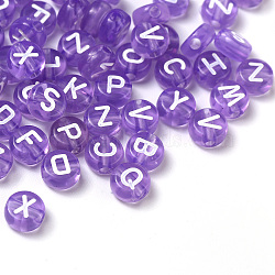 Transparent Lilac Acrylic Beads, Horizontal Hole, Mixed Letters, Flat Round with White Letter, 7x4mm, Hole: 1.5mm, 100pcs/Bag(TACR-YW0001-08I)