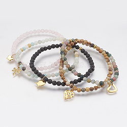 Natural Gemstone Beaded Stretch Bracelets, with 304 Stainless Steel Charms, Golden, Mixed Color, 2-1/8 inch(54mm)(BJEW-JB03543)