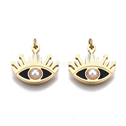 316 Surgical Stainless Steel Enamel Charms, with Jump Rings and ABS Plastic Imitation Pearl Bead, Real 14K Gold Plated, Eye, Black, 11x12x1mm, Jump Ring: 2.7x0.4m, 1.9mm inner diameter(X-STAS-S116-382A-G)