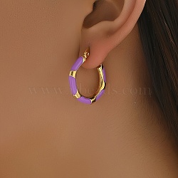 Stainless Steel Enamel Earrings Hoop Earrings, Ethnic Style, Golden, Purple, 25x10.6x4mm(LP9659-4)